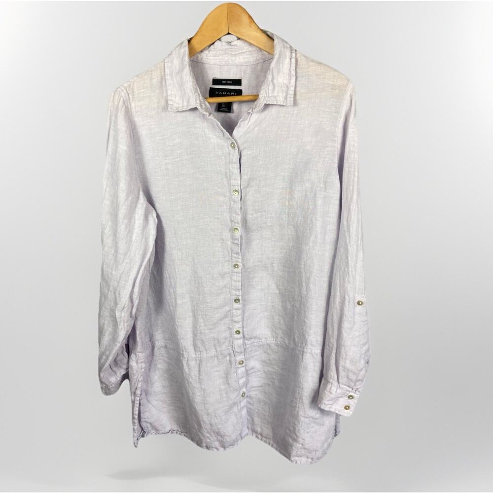 Tahari 100% Linen Button Up Women’s L Lavender Tab Sleeves Coastal Grandma